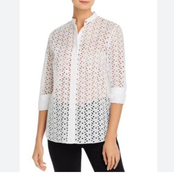 Theory Daisy Eyelet Cotton-Silk Combo Shirt in White Sz P - Picture 1 of 12